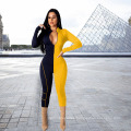 Autumn Bodycon Tracksuit Jumpsuit Women V Neck Bodycon Type Patchwork Women Jumpsuits and Rompers